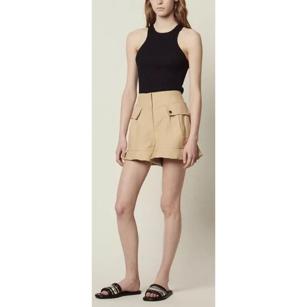 Sandro Paris Womens Beige Cuffed Hem Pockets Cargo Shorts Size 40 US 8
